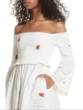 Free People White Off-Shoulder Mini Dress with Red Floral Embroidery